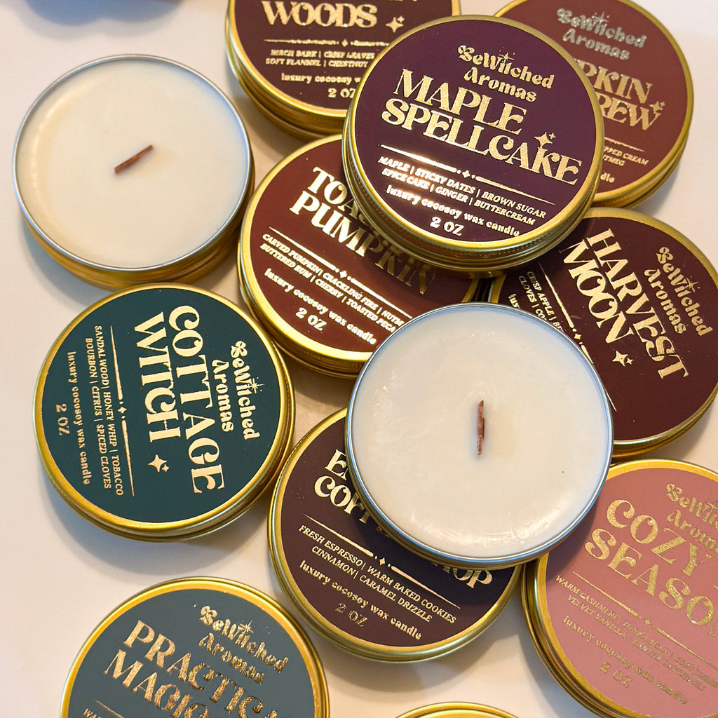 Cozy Magick Collection - 2 oz wooden wick candle tin